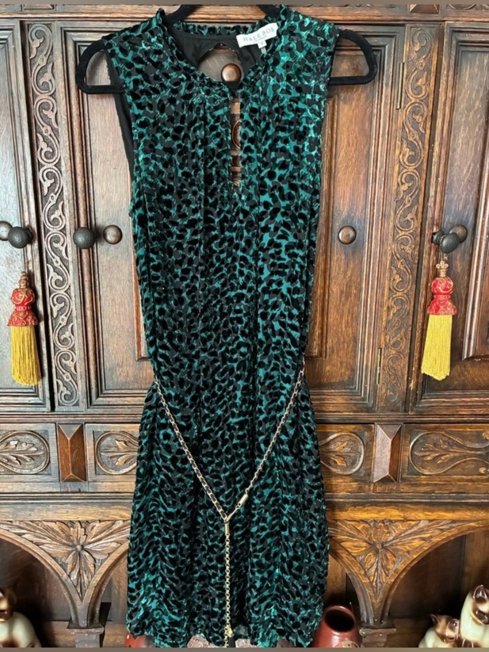 Hale Bob Emerald Velvet Burnout Leopard Midi Dress Size M